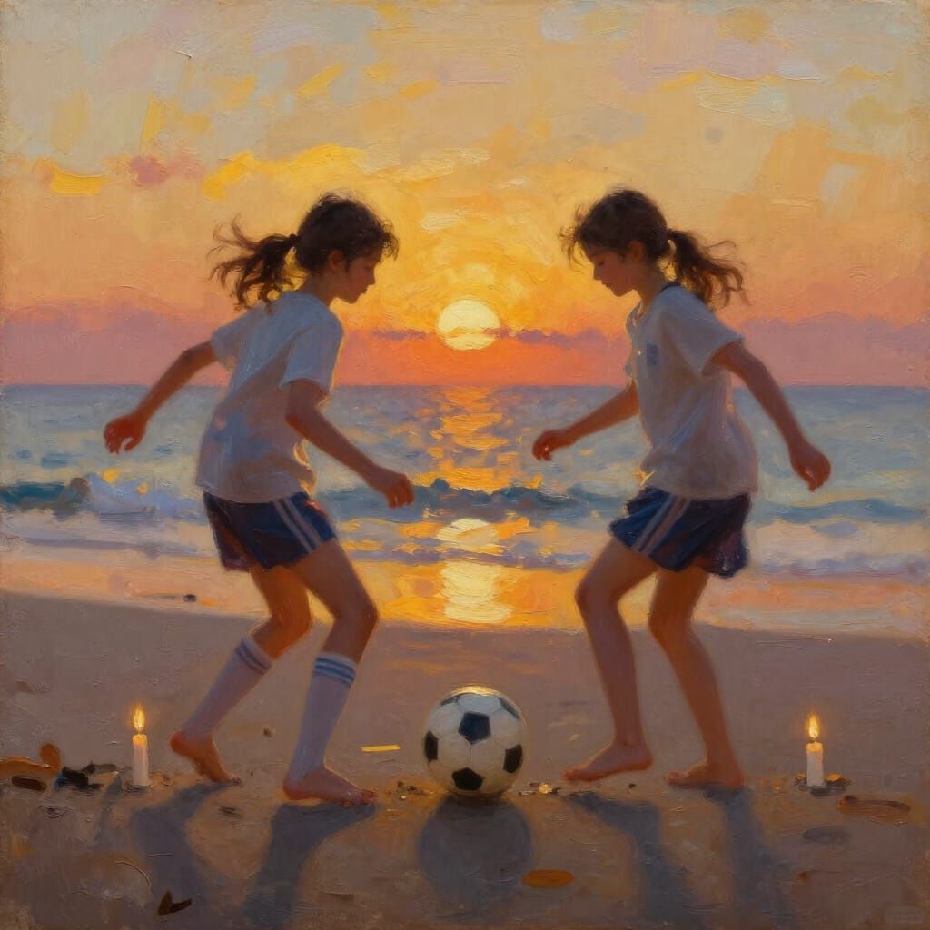 Girls Play Soccer on Beach at Sunset in Impressionistic Styl...
