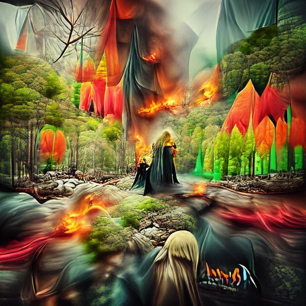 Vibrant Forest Under Siege by Dark Forces in a Cyberpunk Art...