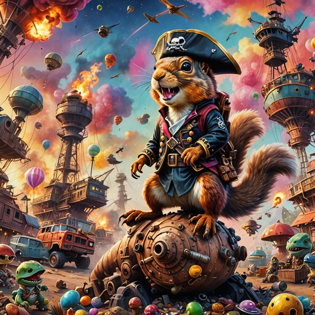 Vibrant Pirate Squirrel Rides a T-Rex Through a Swirling Can...