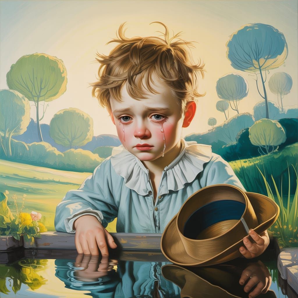 Sad Boy in Pastoral Landscape Painting