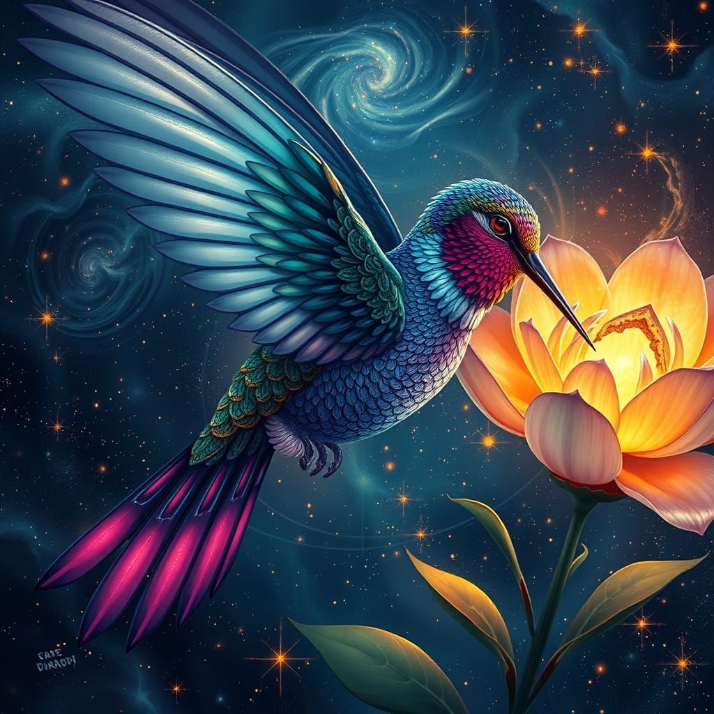 Bioluminescent Hummingbird Sipping Nectar in Art Nouveau Sty...