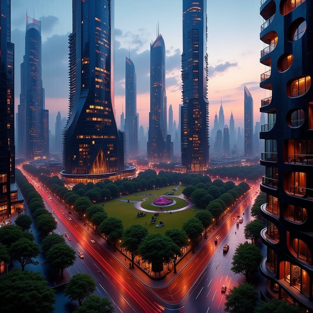 Futuristic Cityscape by Dusk in Warm, Golden Tones