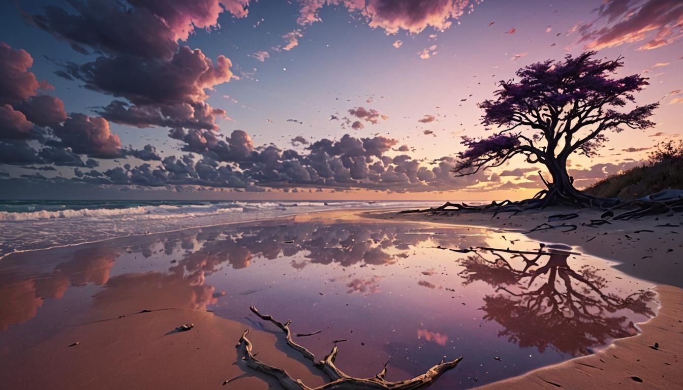 Ethereal Sunset on Vibrant Sandy Shore