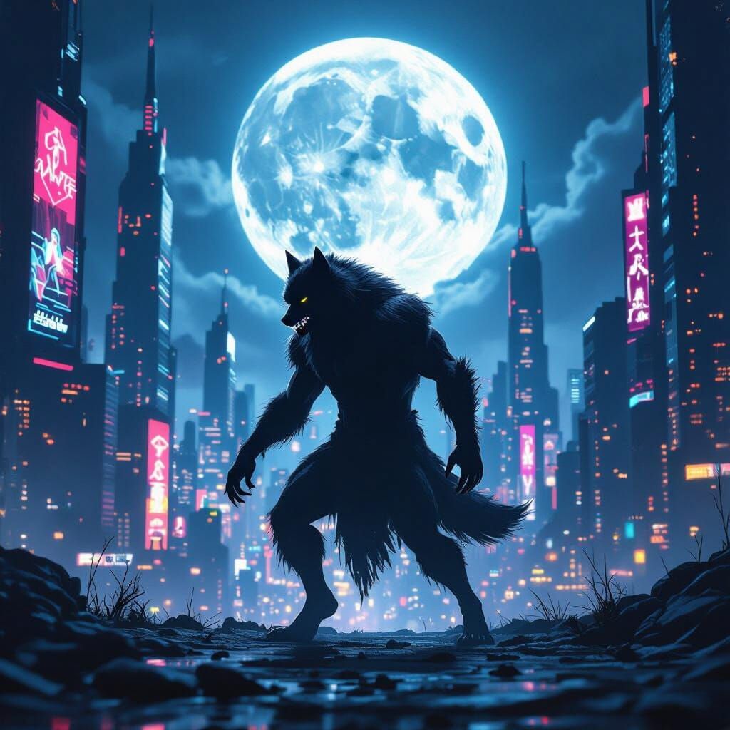 Werewolf Transformation Against Neon Cityscape
