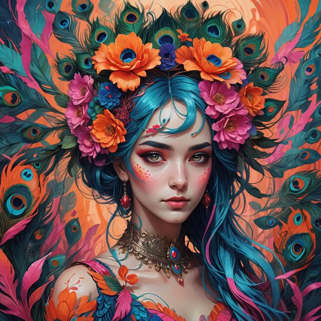 Vibrant Blue-Haired Lady with Peacock Feathers and Orange Fl...