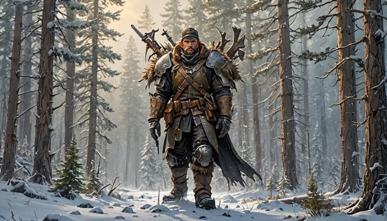 Fantasy Hunter in the Gritty, Frosty Wilderness