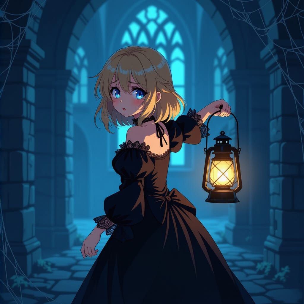 Frightened Woman in Haunted Castle, Anime Style