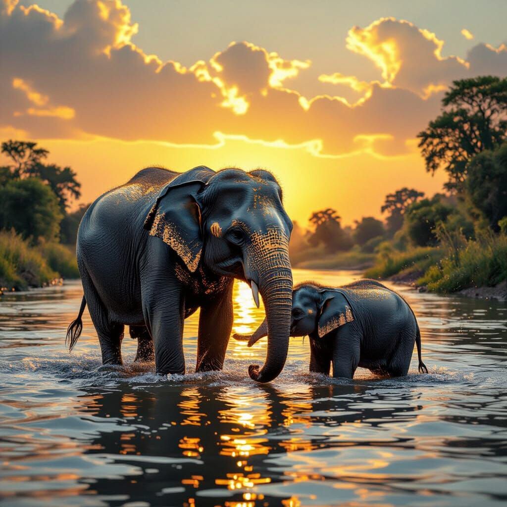 Golden Elephant With Mother in River