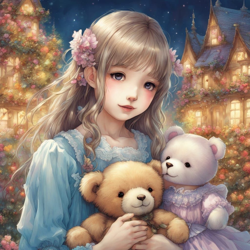 Cheerful Girl with Bears in Kawaii Anime Garden