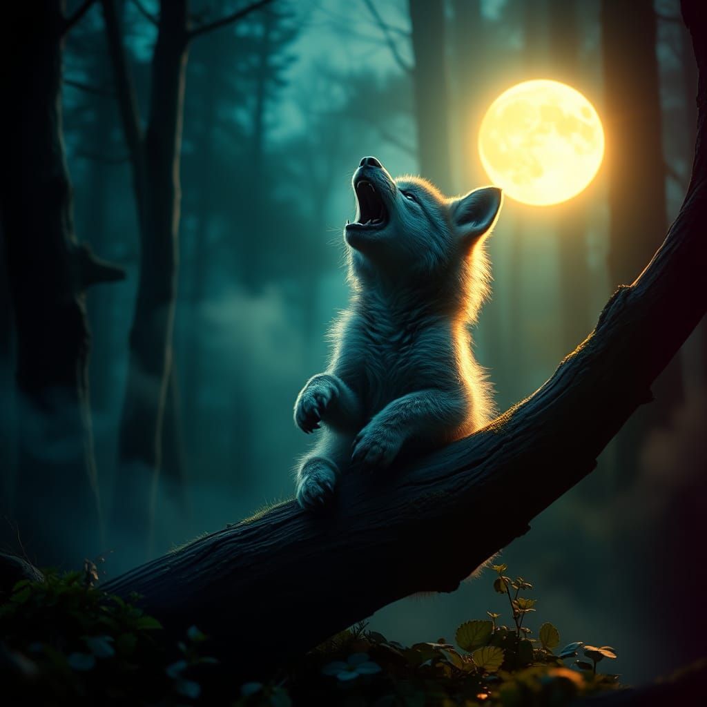 Ethereal Baby Werewolf howls at Full Moon in Dark Fantasy La...