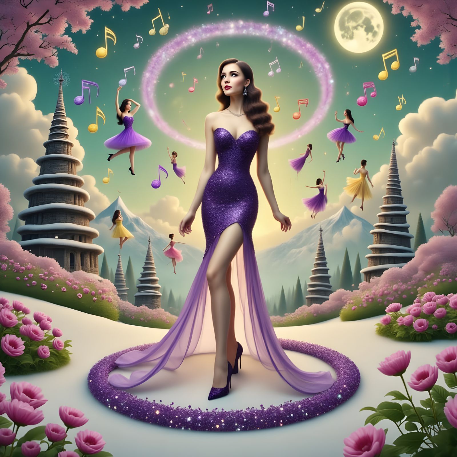 Girl in Alpine Dress with Purple Plumage and Music Tower