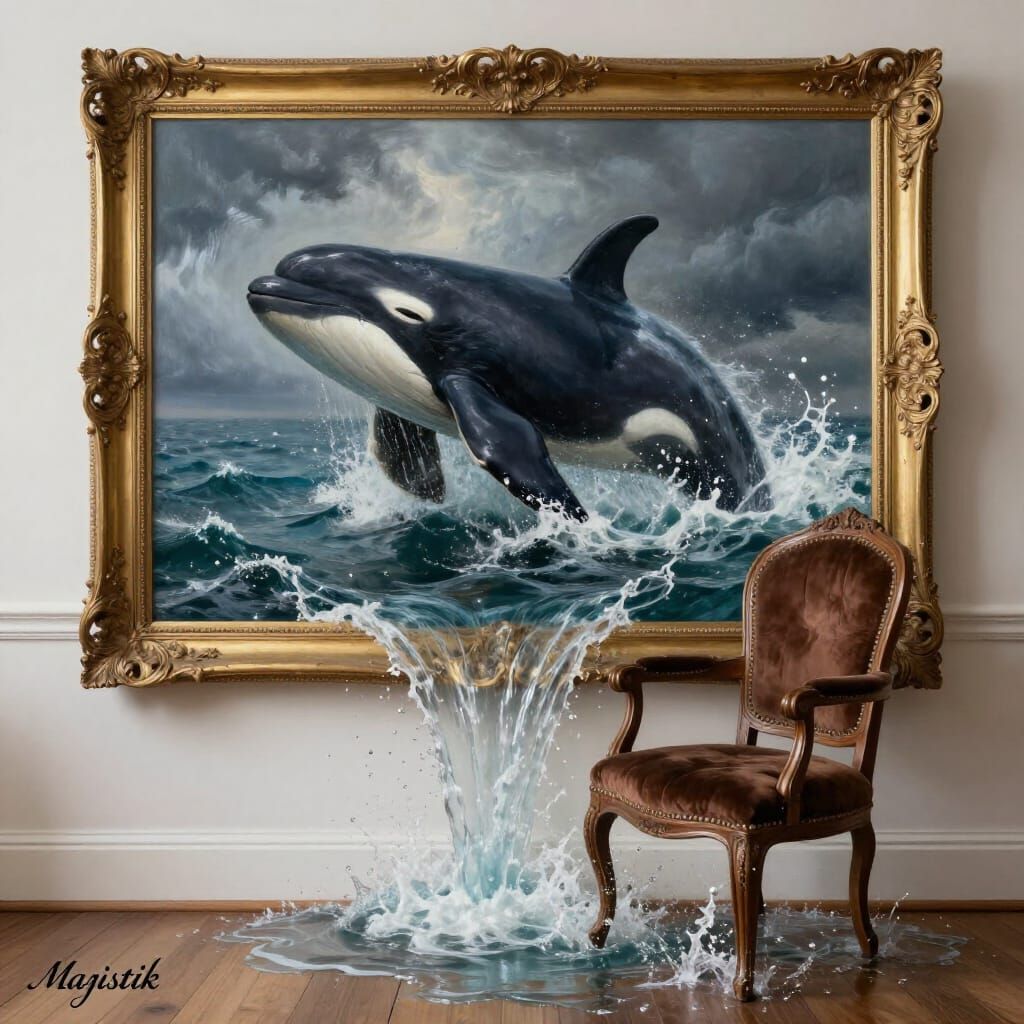 Orca Breaches Gilded Frame in Surreal Oil Painting