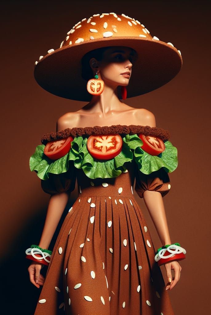 Elegant Hamburger-Inspired Woman Stepping Forward in Brown