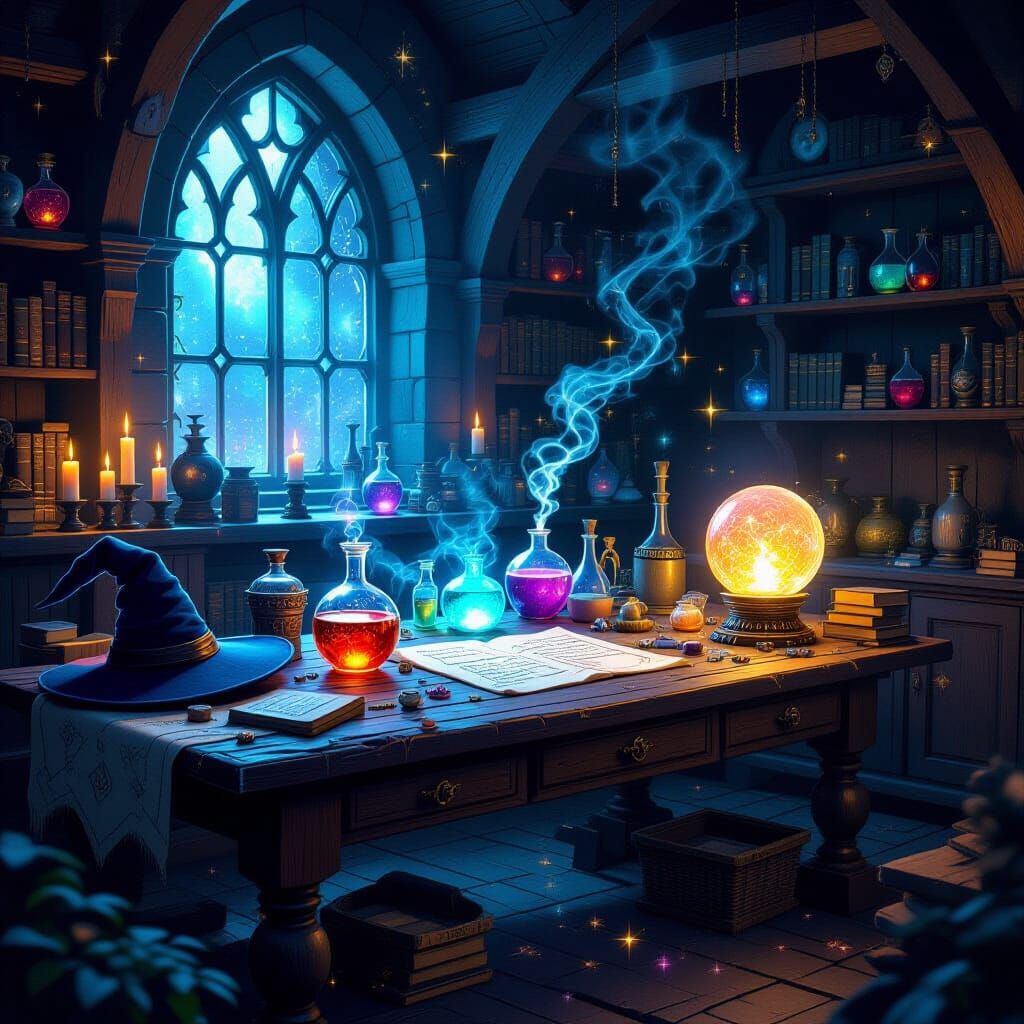 Magic Laboratory with Potions and Stars in Fantasy Art Style