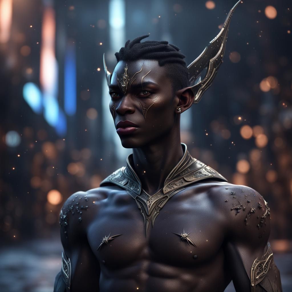 Abyssal Elf Standing on City Street in Epic Fantasy Style