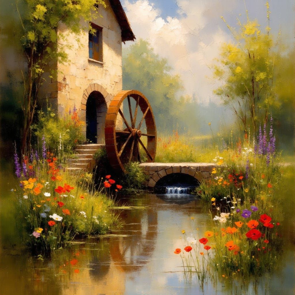 Dramatic Waterwheel Landscape in the Style of Turner