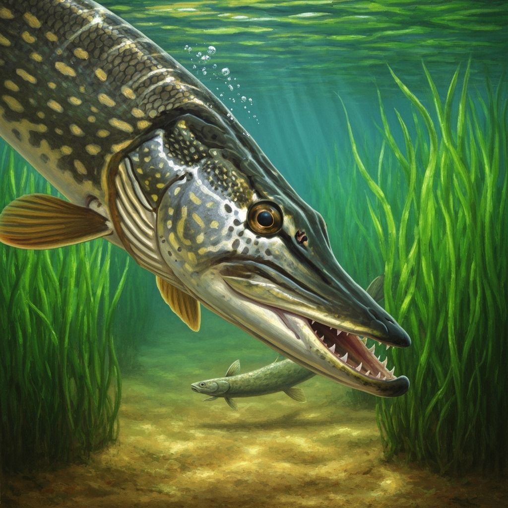 Pike Portrait Hunting in Pond, Detailed Oil Painting