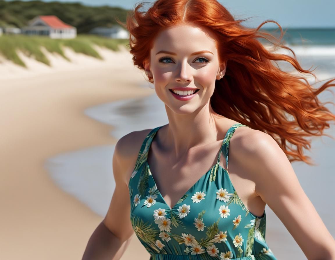Vibrant Hyperrealist Portrait of a Redheaded Woman in a Summ...