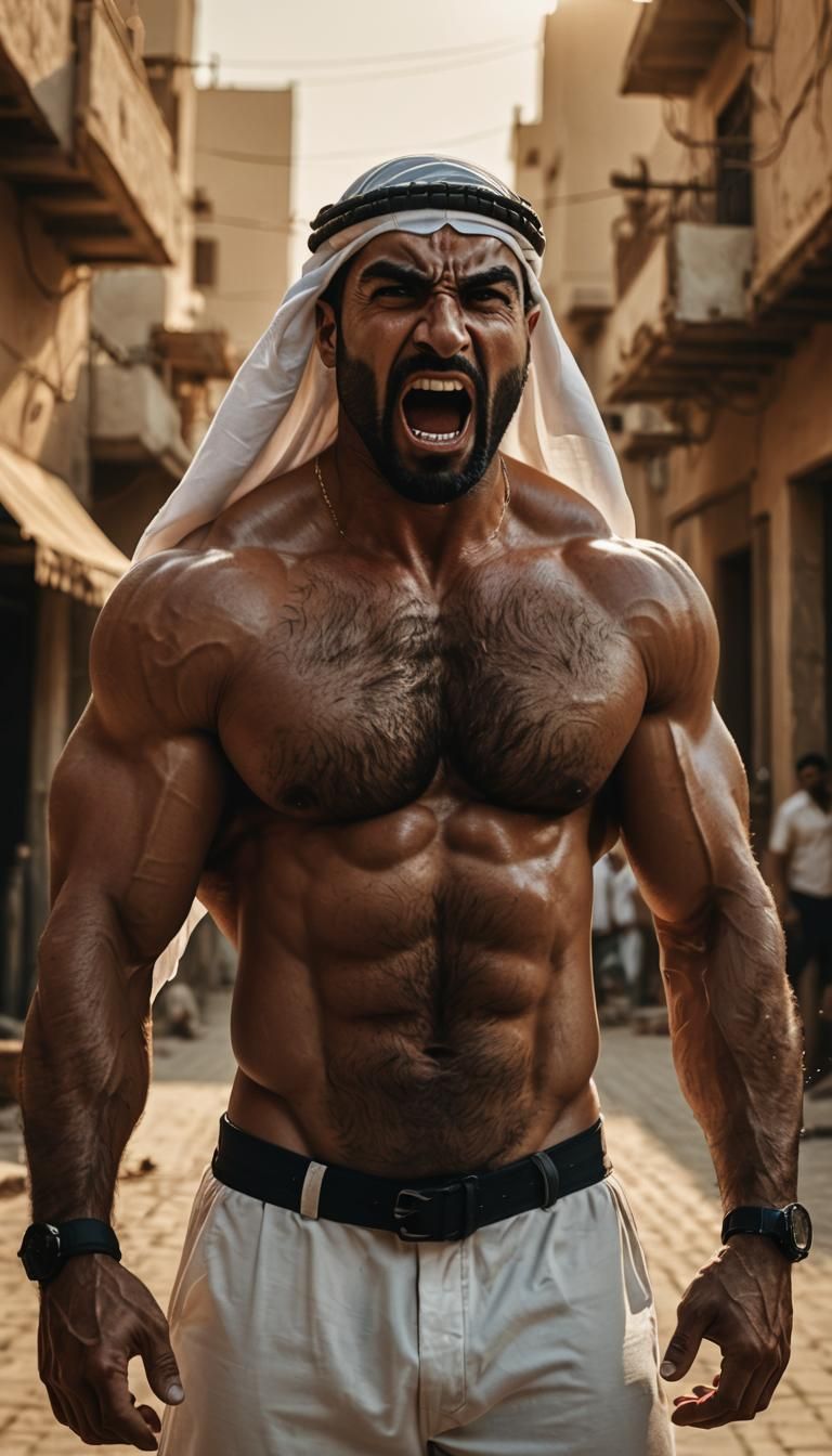 Tense Arab Bodybuilder Yells in Cinematic Film Noir Style