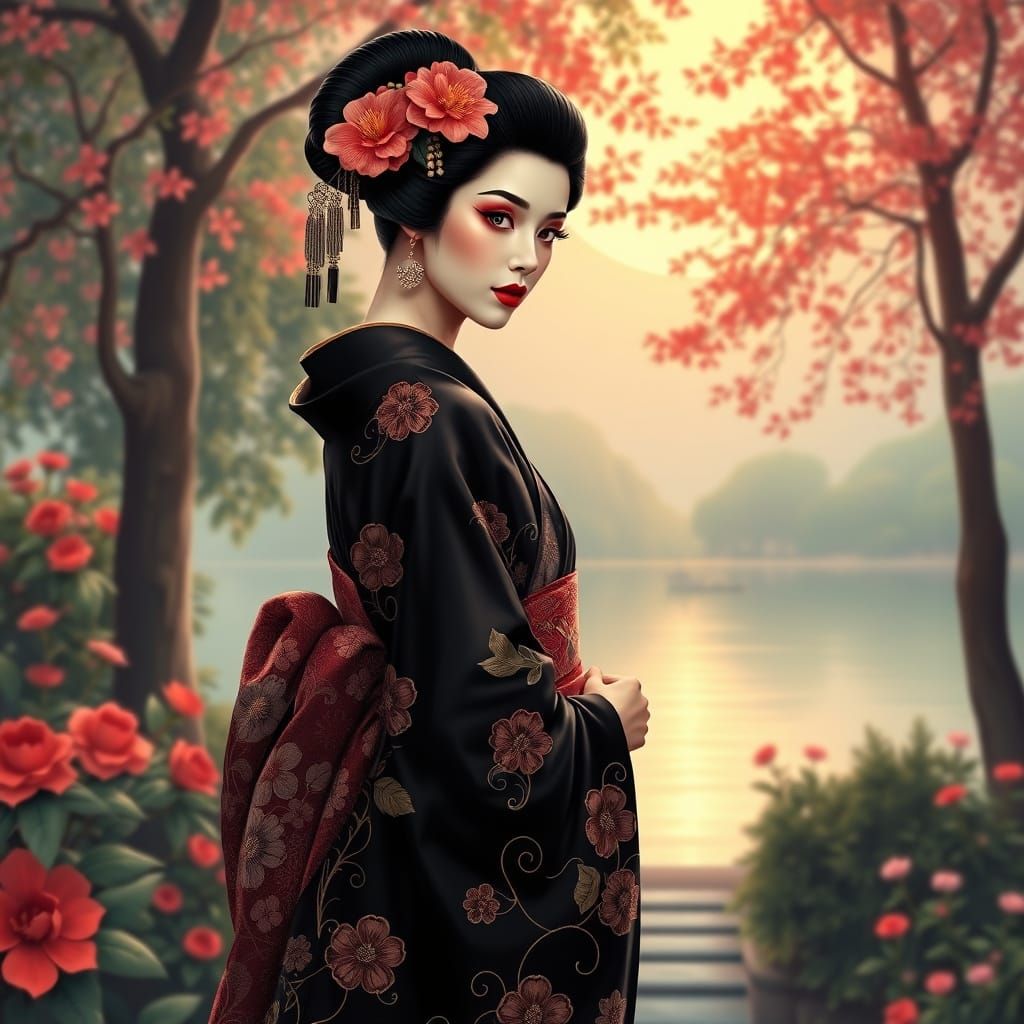 Elegant Geisha in Garden, Art Nouveau Style