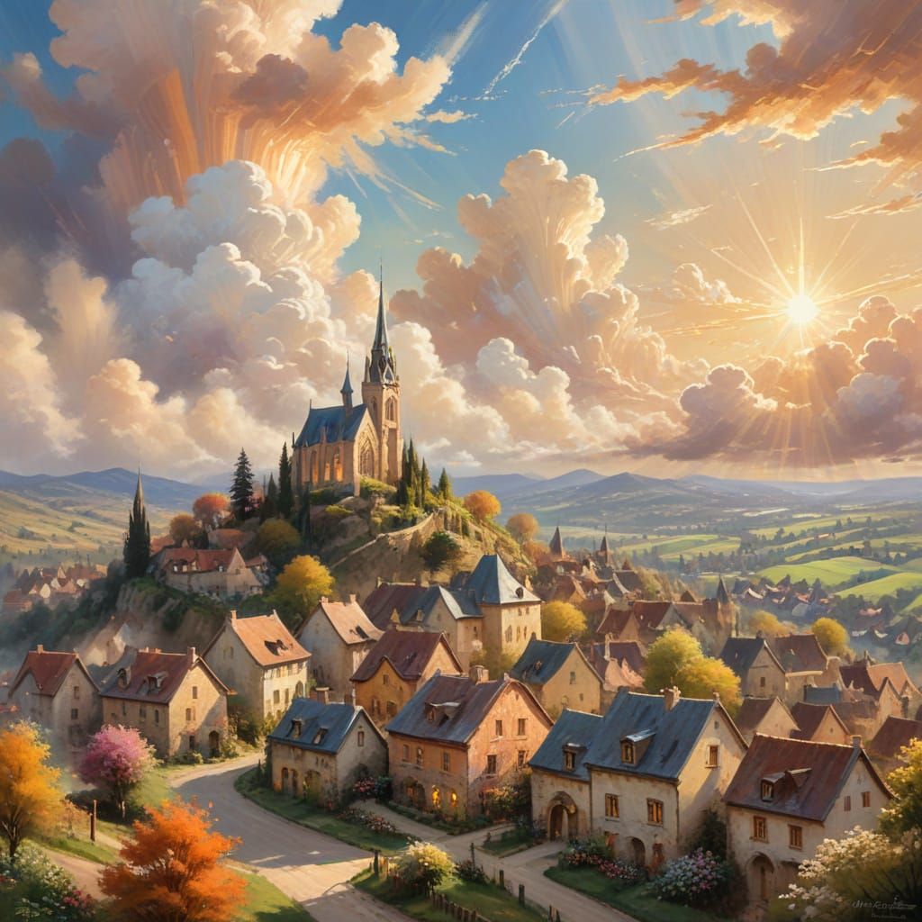 Whimsical Fantasy Village in Dreamy Light