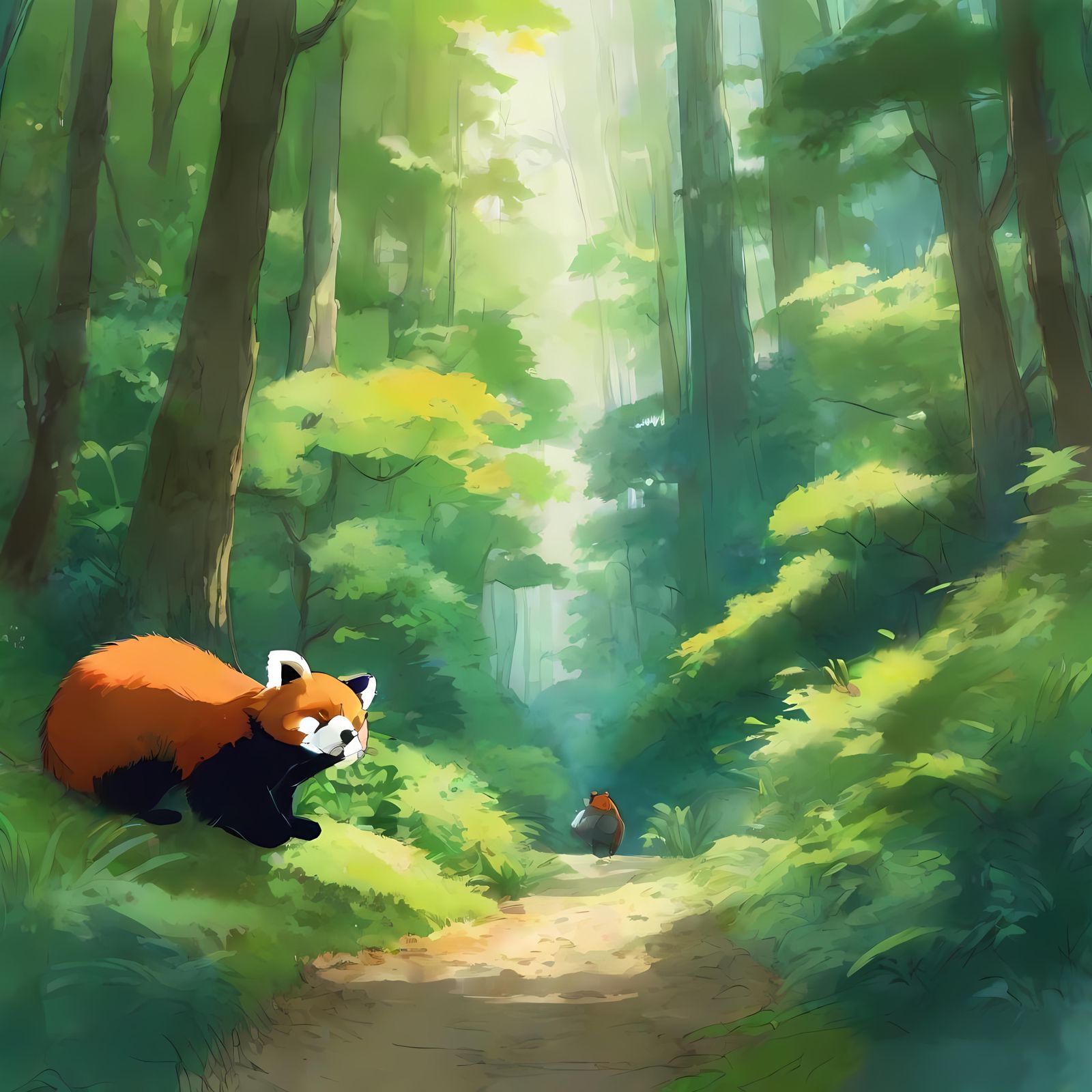 Red Panda Meets Soot Sprites in Whimsical Anime Style