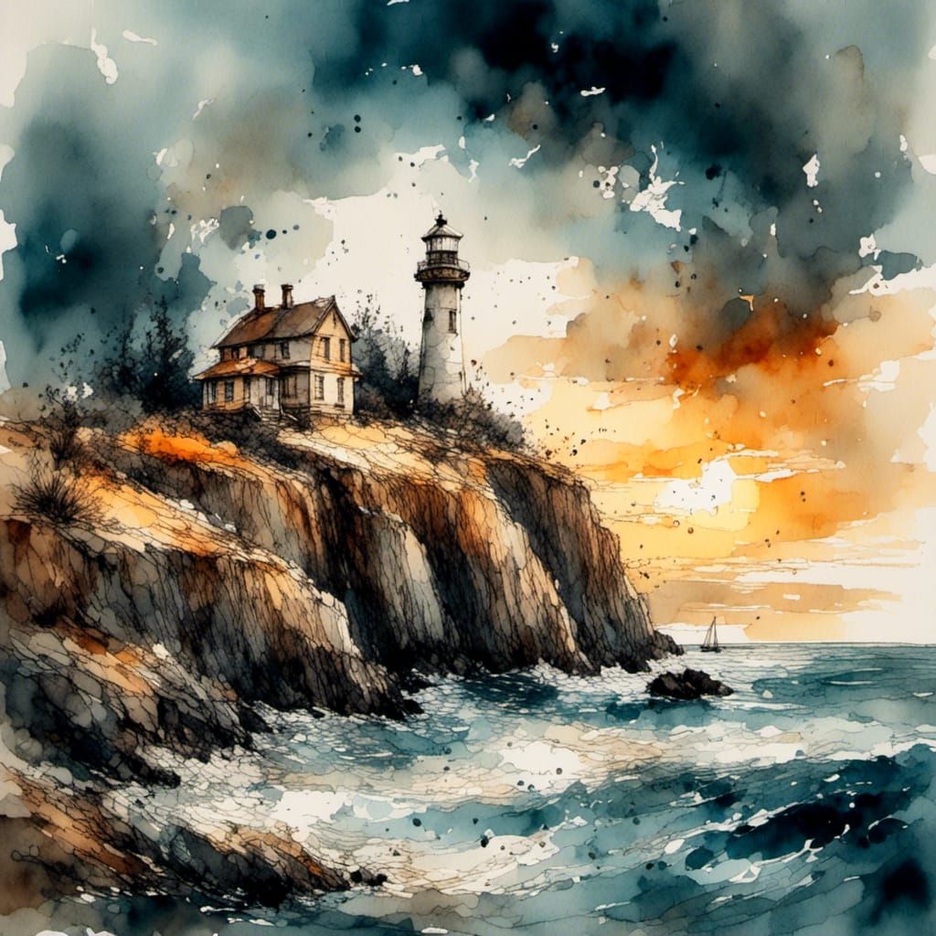 Lighthouse Amidst Stormy Seas in Hyper-Realistic Watercolor