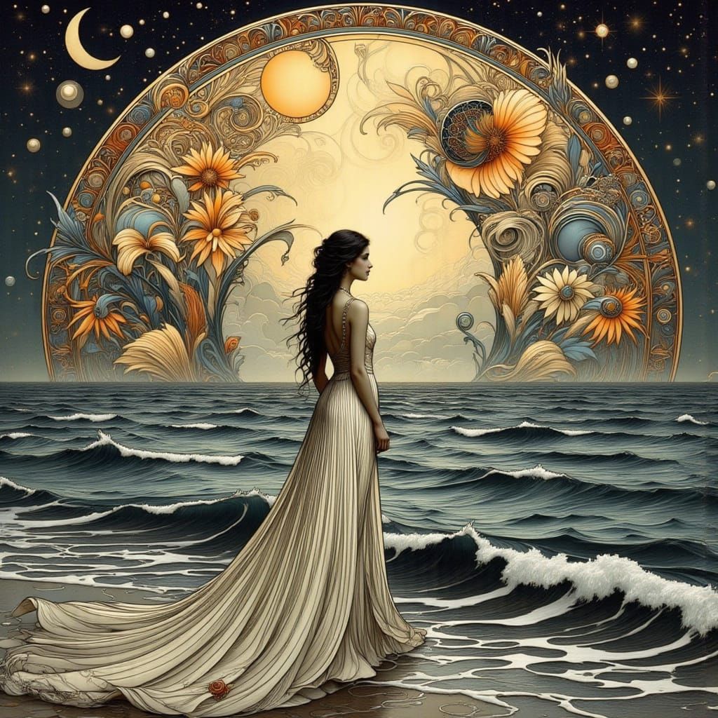 Art Nouveau Woman by Moonlit Water