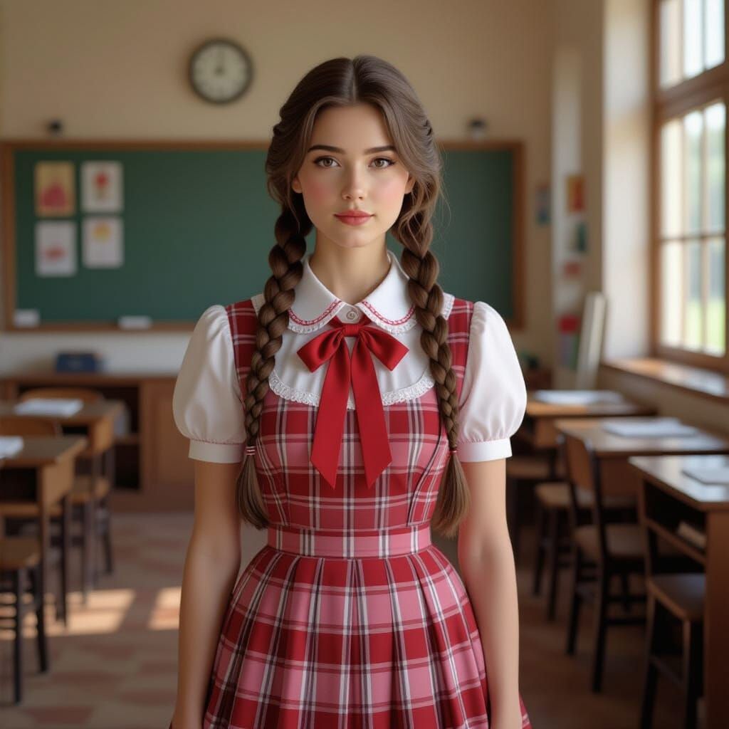 Young Woman in School Uniform: Hyperrealistic Portrait