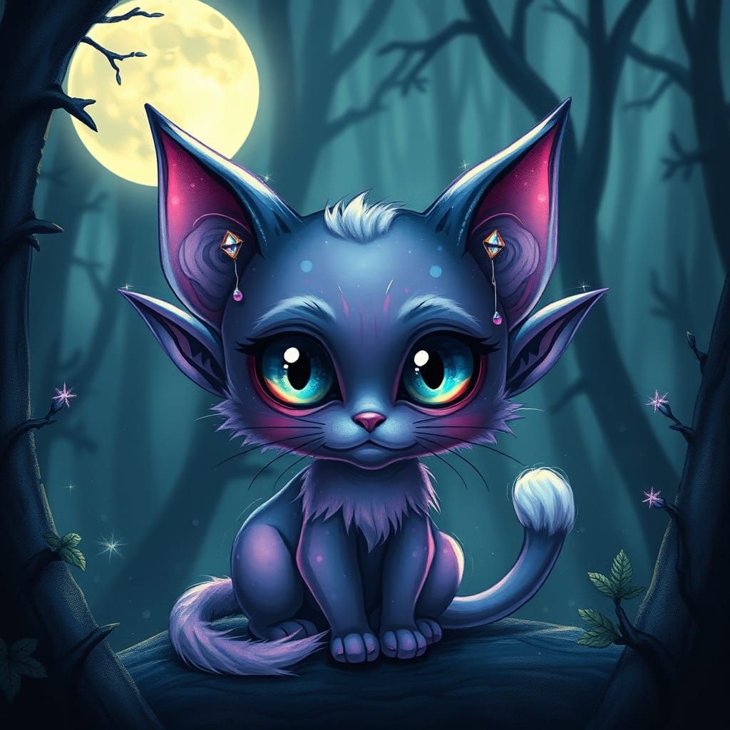 Mystical Chibi Elf Cat by Moonlight