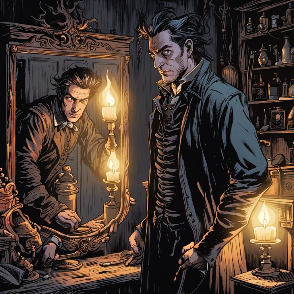 Darkly Lit Male Witch Examines Himself in the Mirror