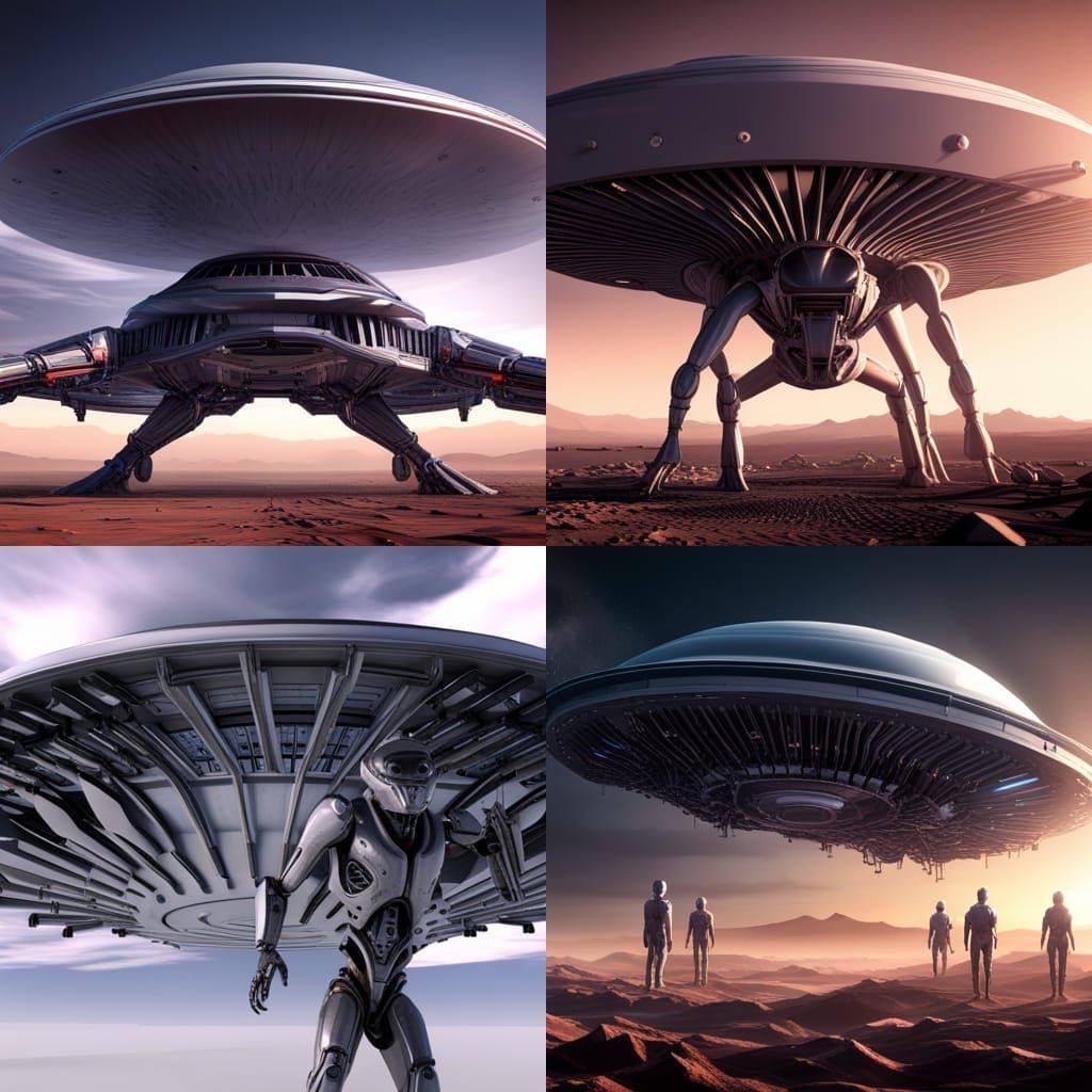 Futuristic Aliens Emerge from Polished Metallic UFO in Epic...
