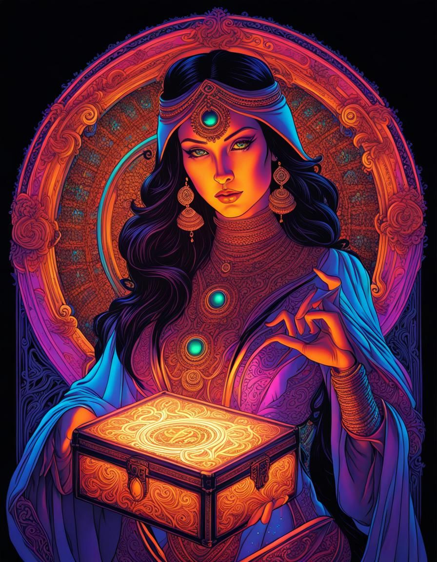 Glowing Sorceress in Neon Fantasy Realm