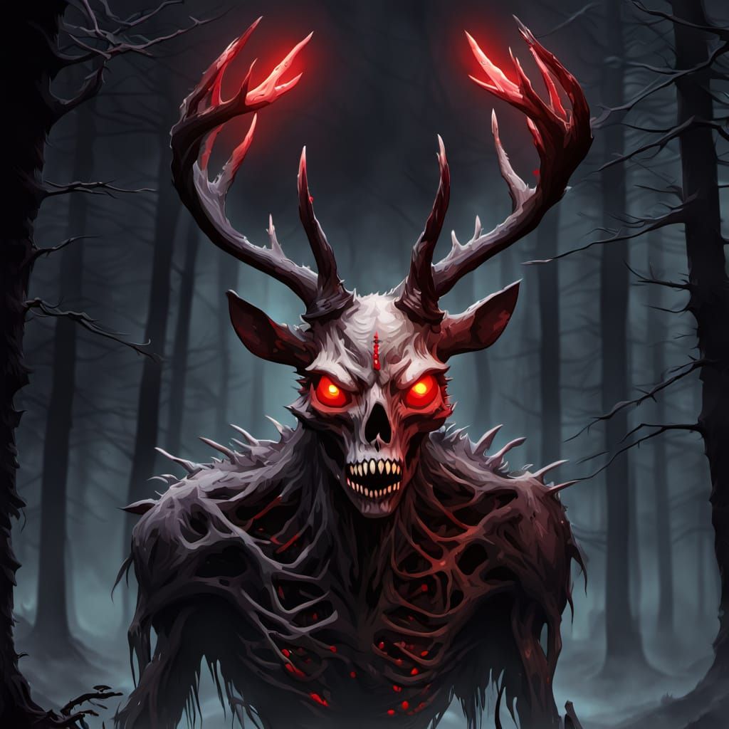 Surreal Wendigo Emerge from Dark Forest in a Cyberpunk Aesth...