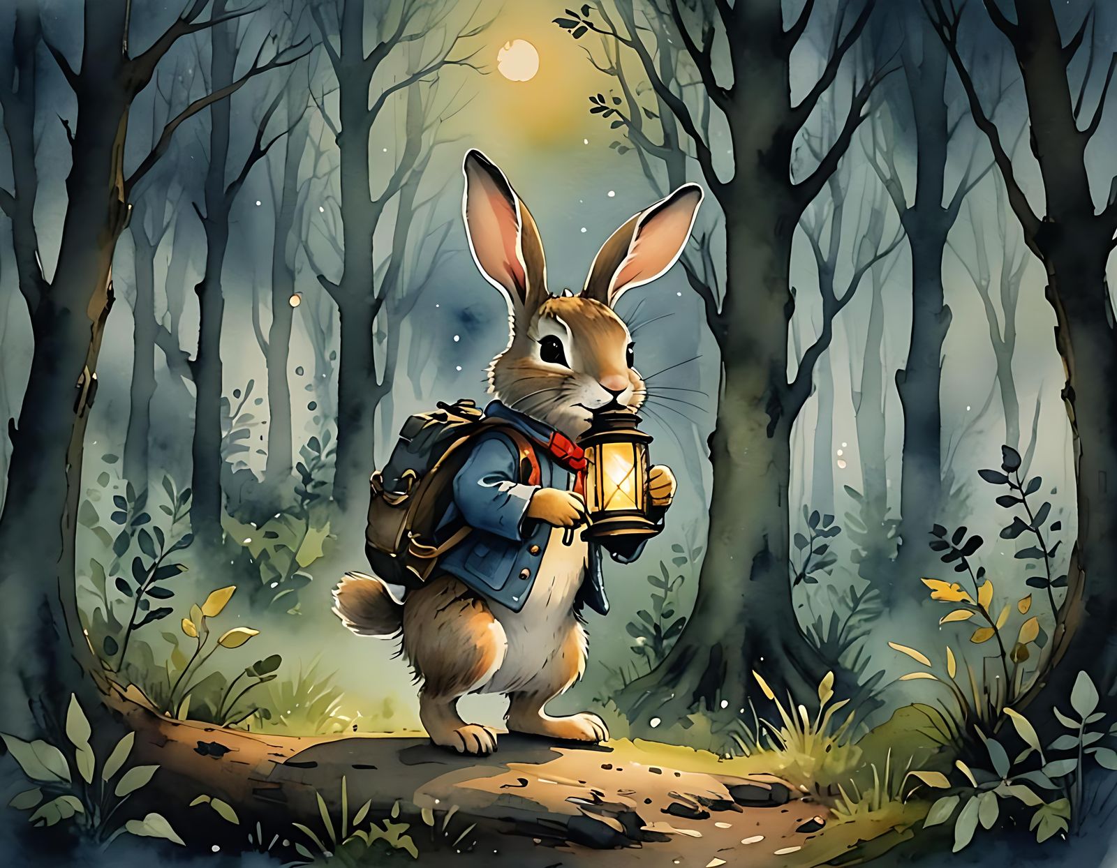 Whimsical Watercolor Rabbit in Moonlit Forest