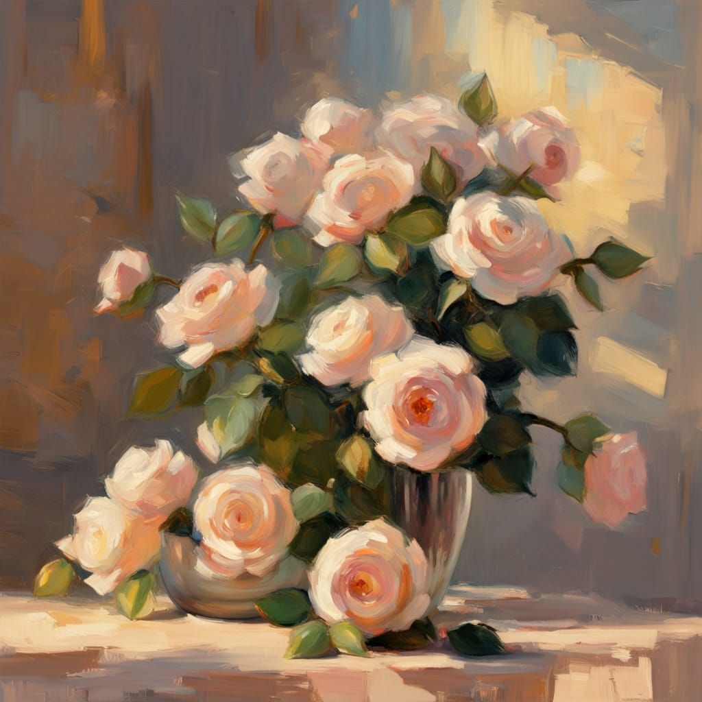 Neo-Impressionist Oil Painting of a Tiny Rose Bouquet