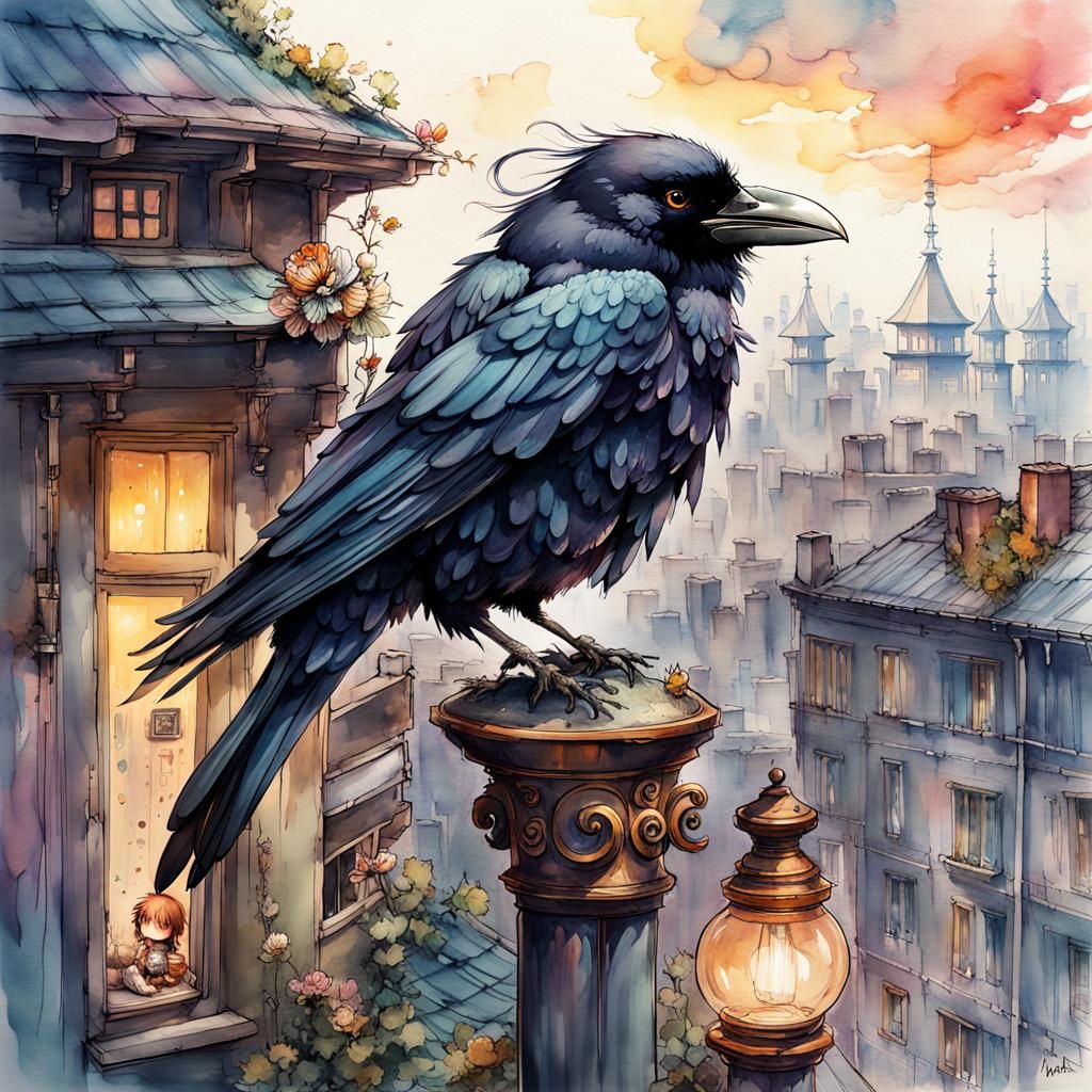 Vibrant Chibi Crow Enjoys Sunset on Rooftop in Stunning Wate...
