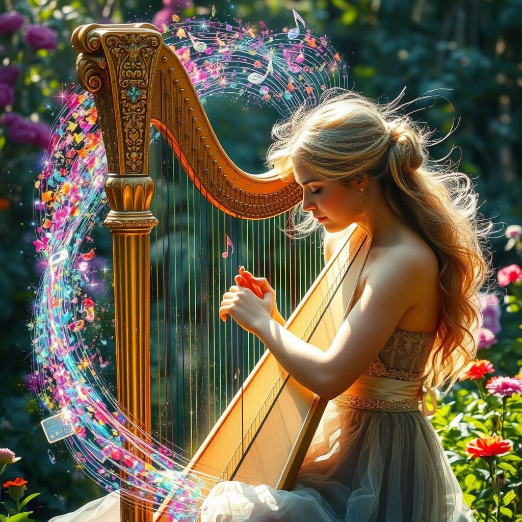 Magical Harpist Creating Rainbow Music in Garden