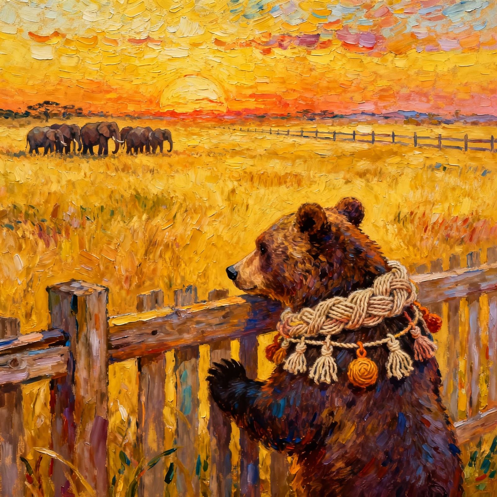 Friendly Bear in Savanna Sunset, Vibrant Impasto Style