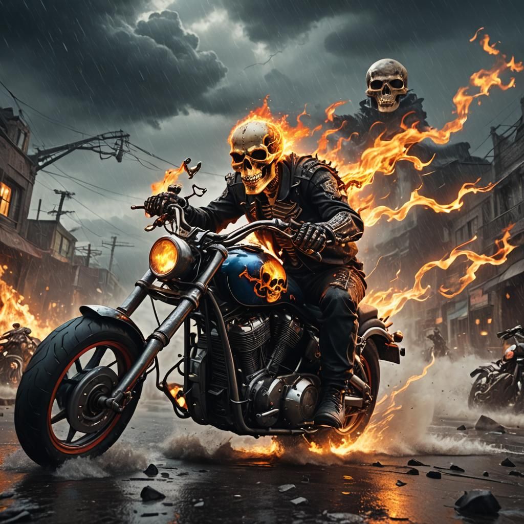 Cyberpunk Skeleton Rider Speeds Through Turbulent Fantasy St...