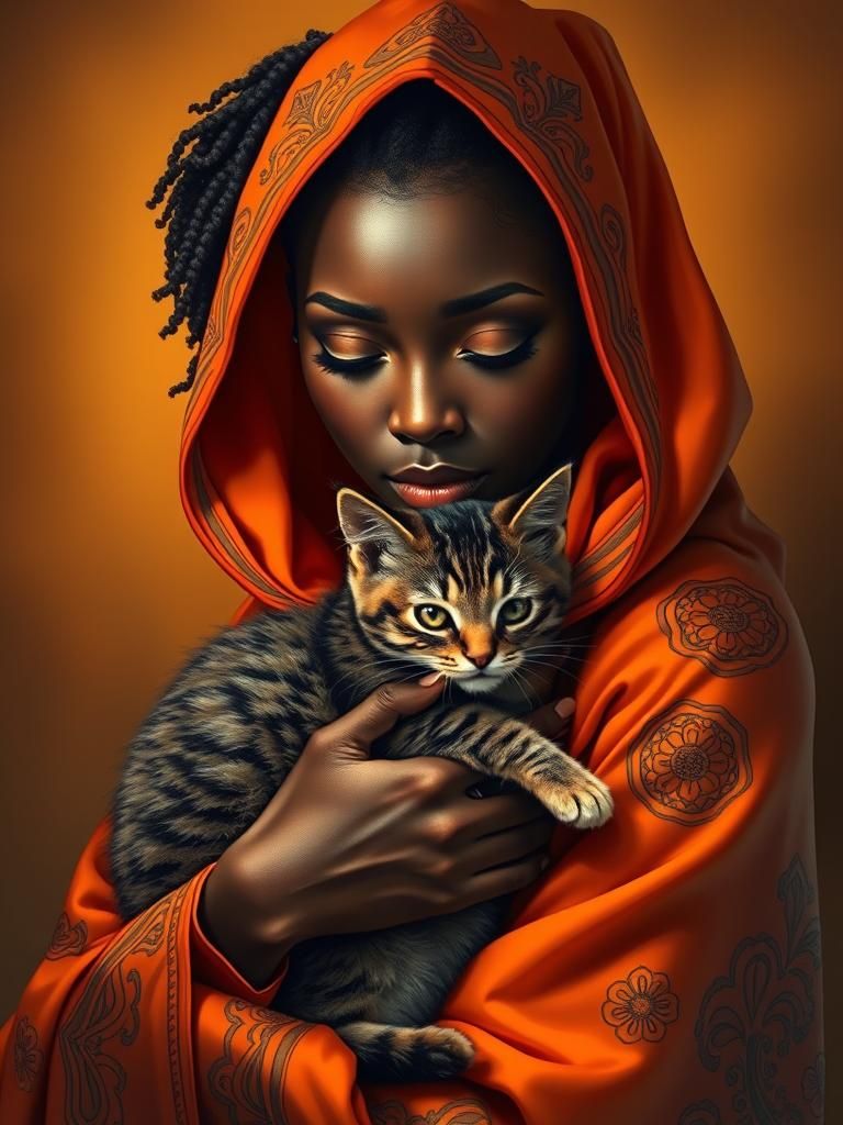 Stunning Artgerm-Inspired African Woman with Cat in Vibrant....