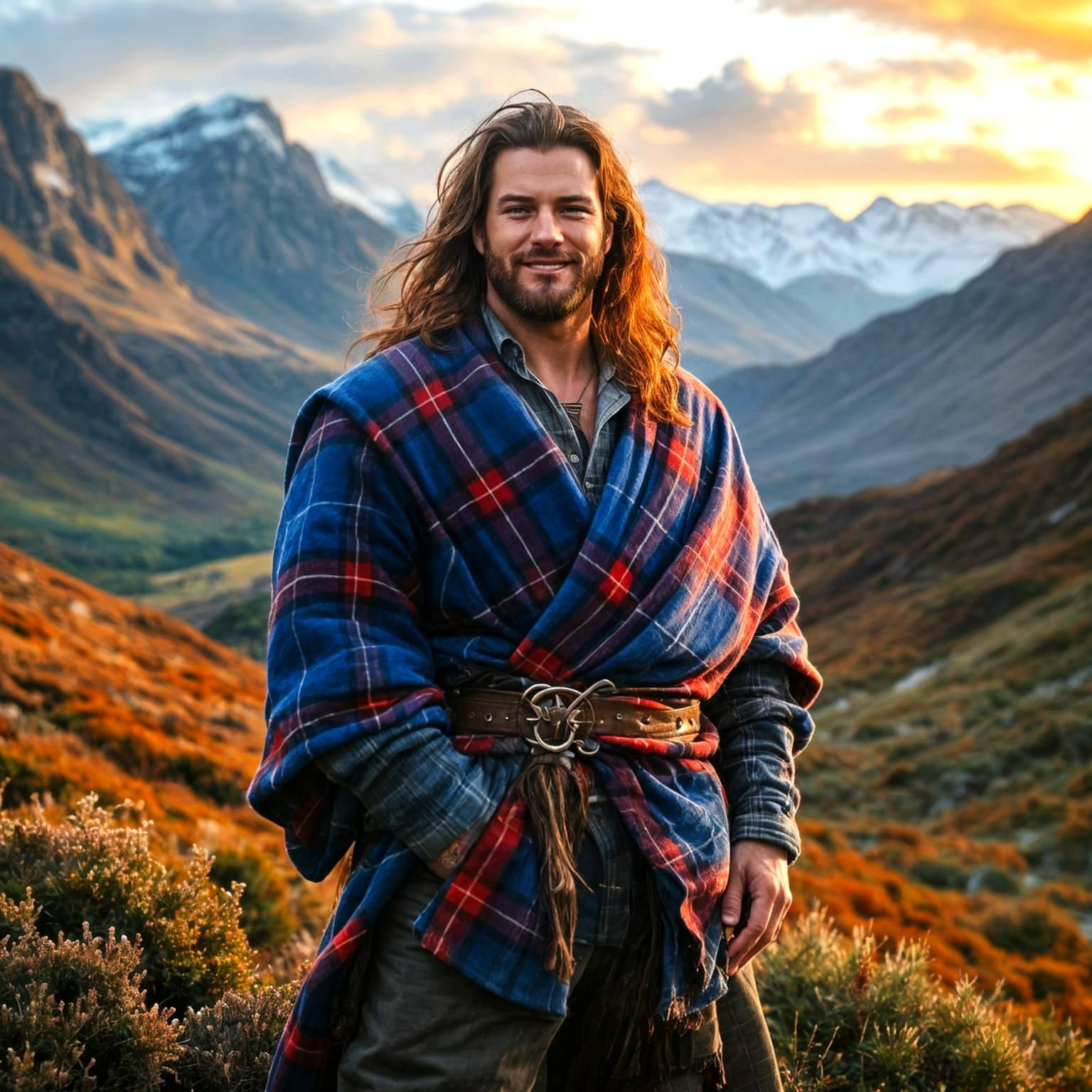 Dashing Scottish Highlander in Vibrant Tartan Robes