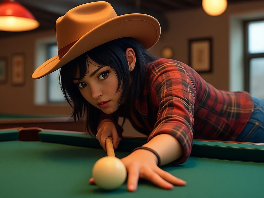 Japanese Cowgirl Aims for a Pool Shot in 3D Anime Style