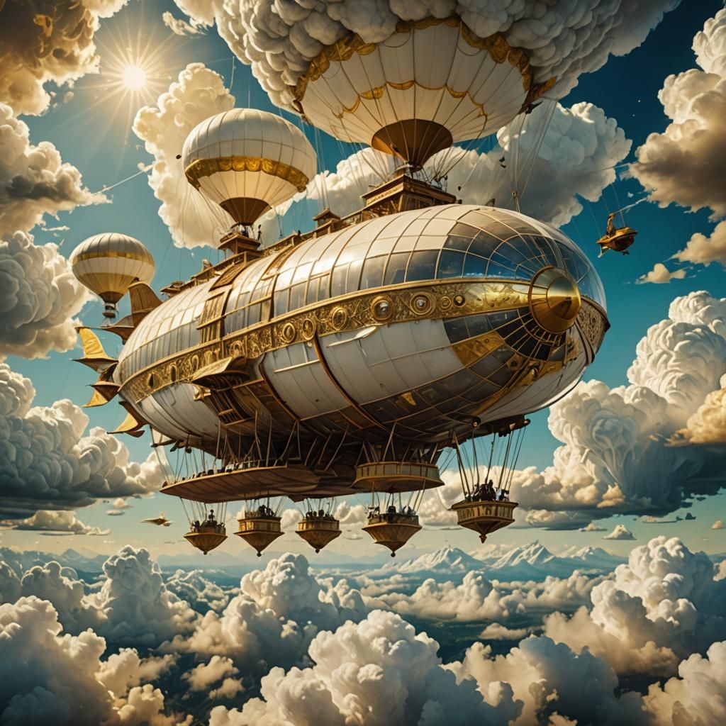 Ethereal Solarpunk Airship Soars in Majestic White and Gold