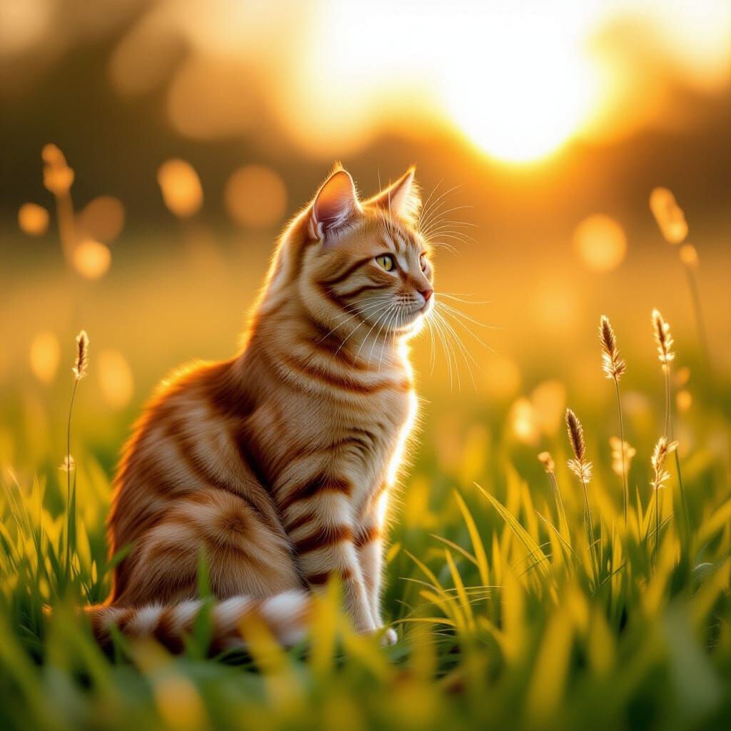 Orange Cat in Sunlit Grassland, Impressionistic Style