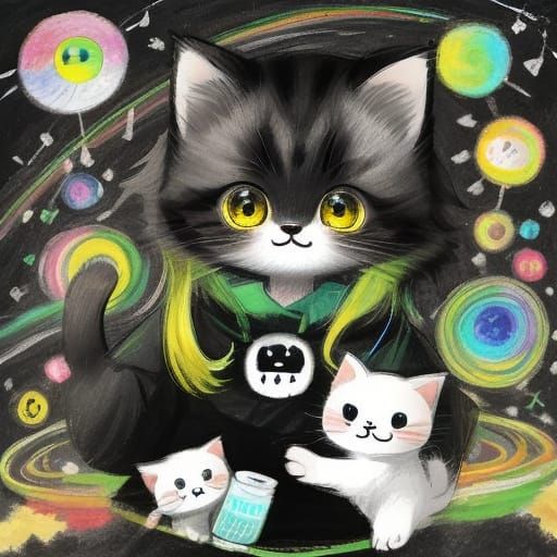 Cute Kitten with Rainbow Eyes in Charcoal Style