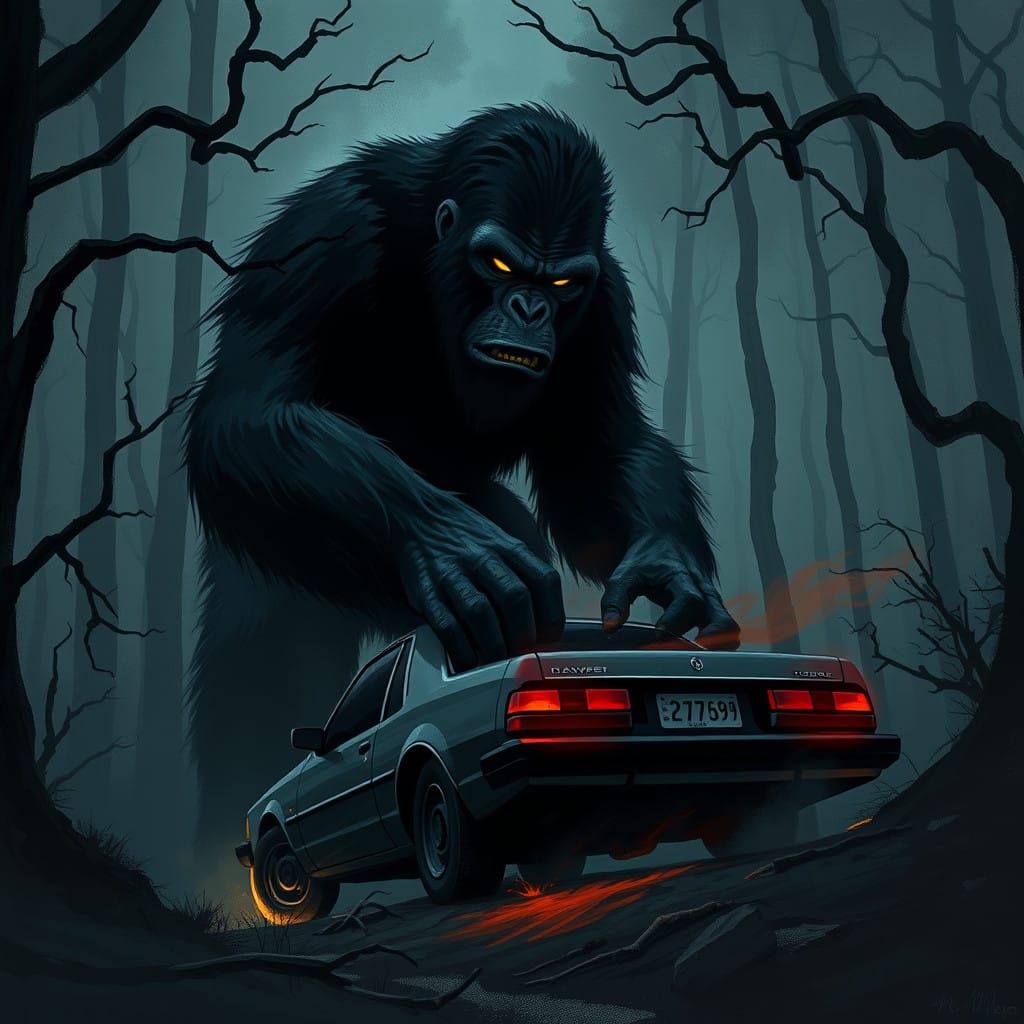 Bigfoot Lurks in Dark Forest, Threatening Car with Mischief