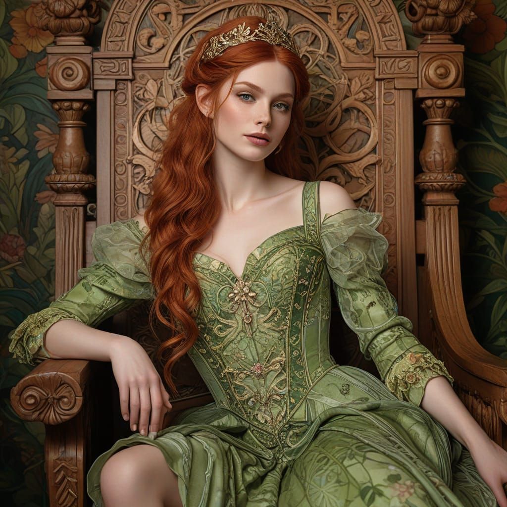Art Nouveau Elf Queen on Throne with Floral Patterns