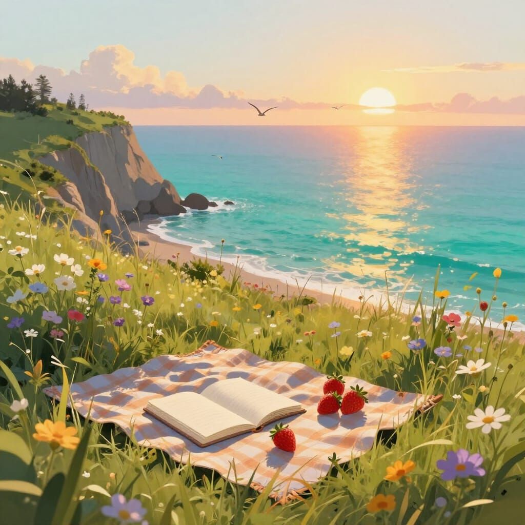 Peaceful Cliffside Overlooking Turquoise Ocean at Sunset