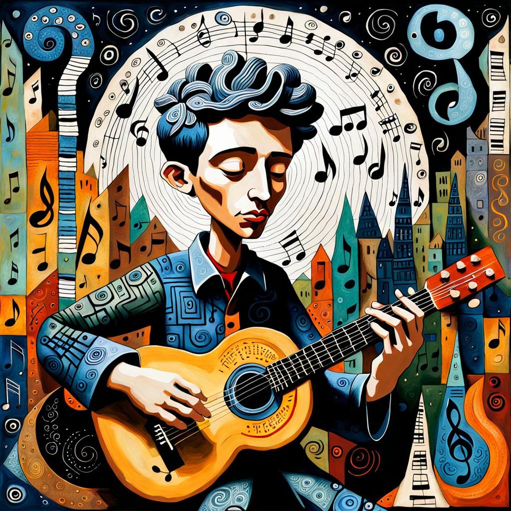 Boy Playing Guitar: Whimsical 3D Folk Art